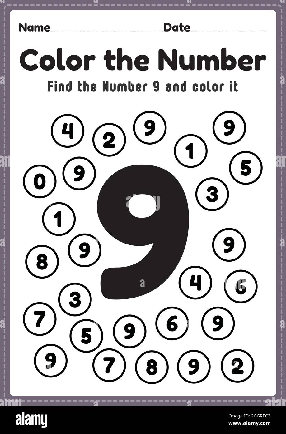number worksheets for preschool number 9 coloring math activities for kindergarten kids to learn basic mathematics skills in a printable page stock vector image art alamy