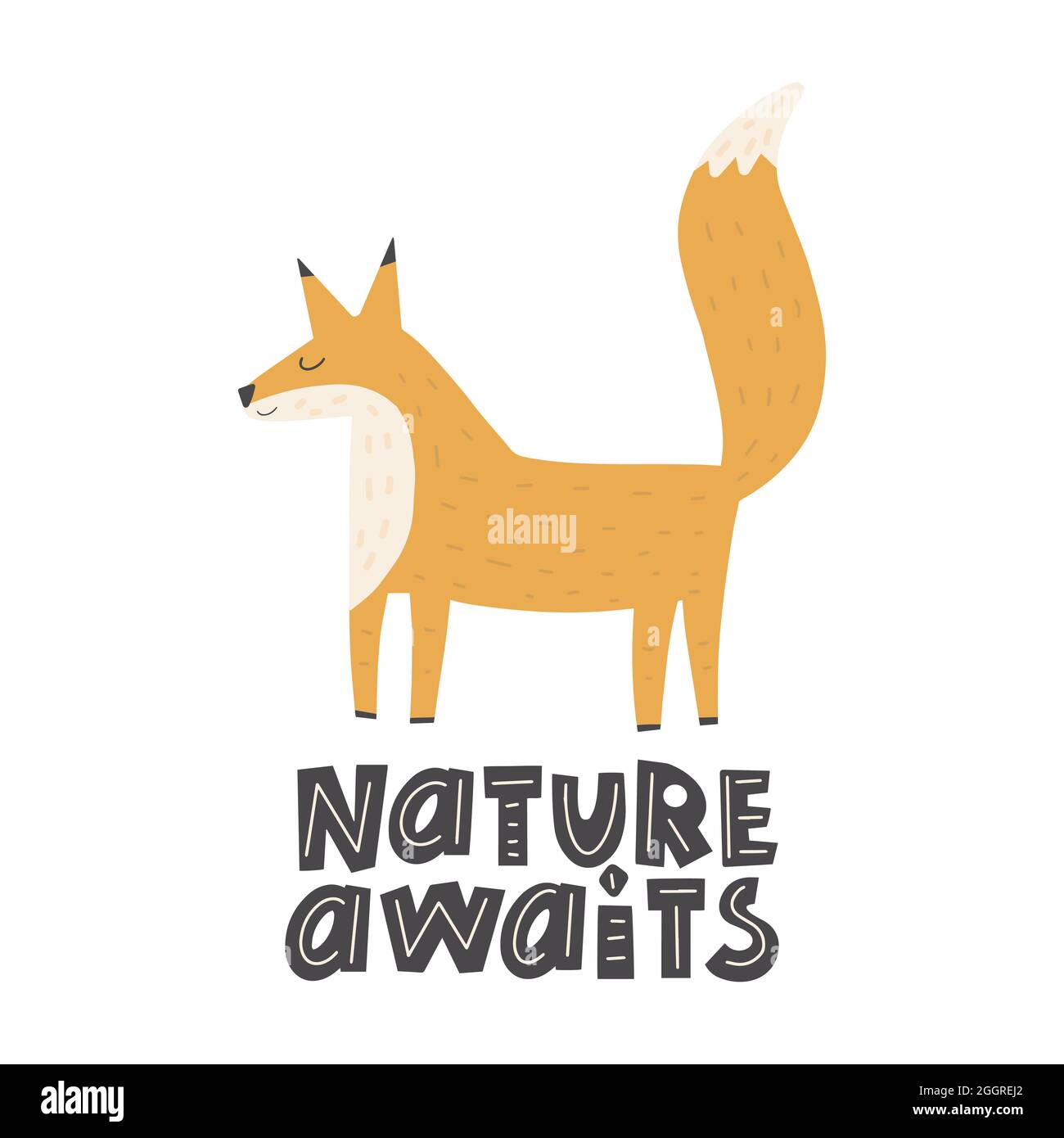 Cute funny fox, with lettering-nature awaits. Hand drawn vector illustration Scandinavian style flat design Concept children print. Woodland animal. Stock Vector