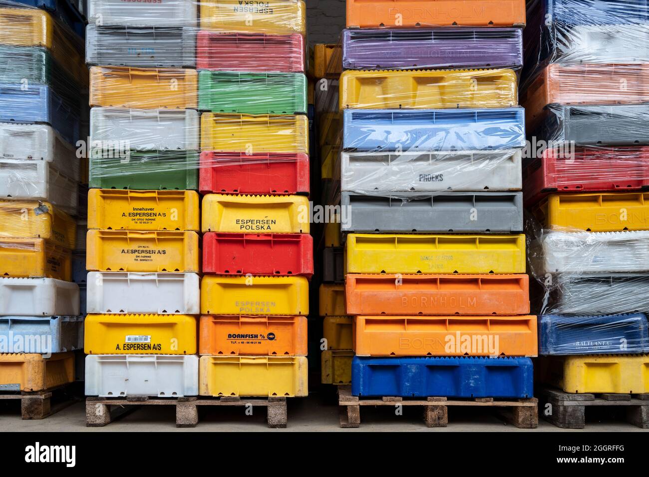 Sassnitz, Germany, August 20, 2020 Stacks of colorful plastic boxes