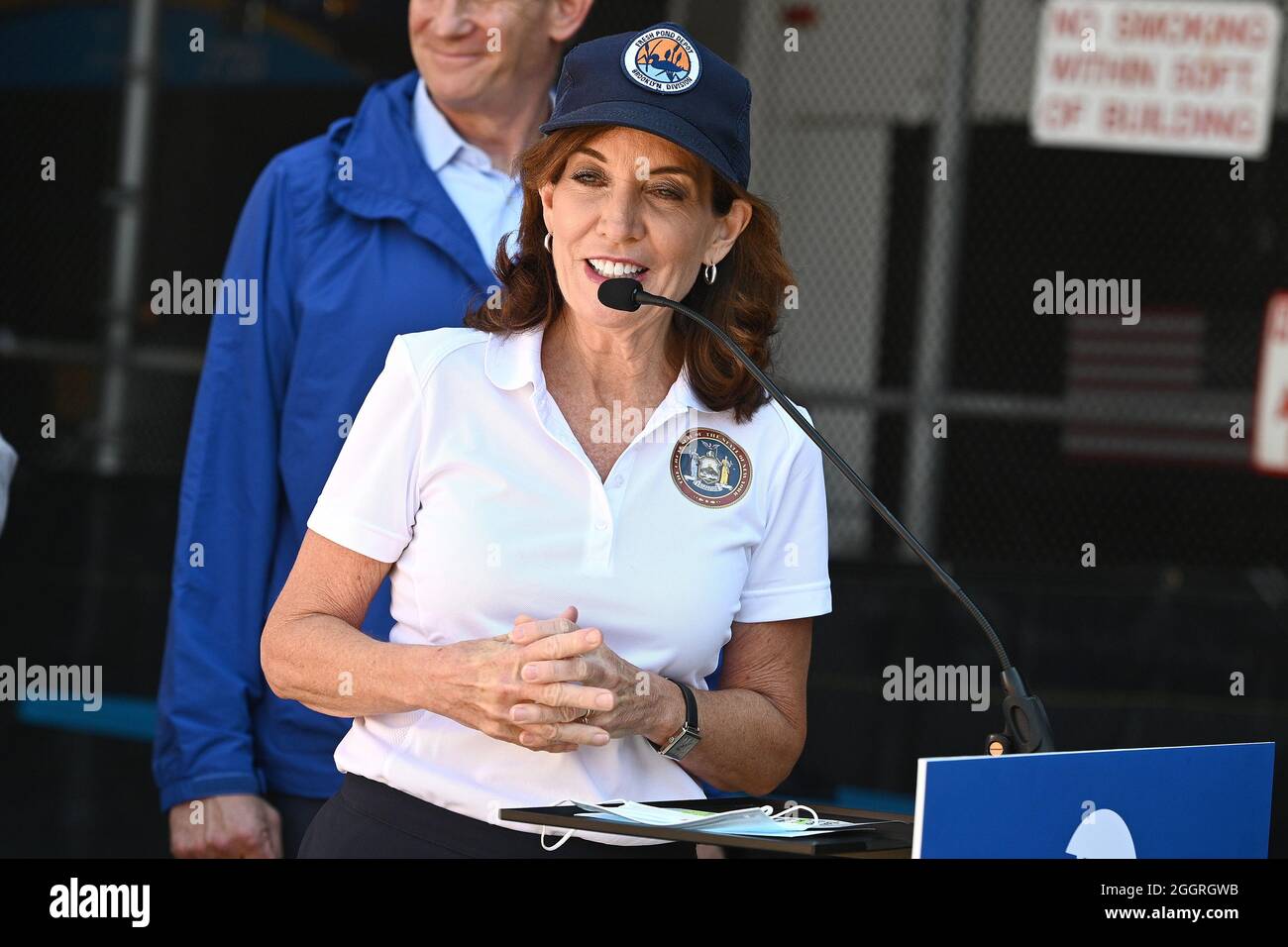 New York City, USA. 02nd Sep, 2021. New York Governor Kathy Hochul speaks the day after damages caused by the remnants of Hurricane Ida to recognize essential workers, including MTA bus operator Rosa Almonte, in the New York City borough of Queens, NY, September 2, 2021. Almonte was recognized for her heroic service as she drove passengers to safety through flash-flooded streets that filled her bus with water. (Photo by Anthony Behar/Sipa USA) Credit: Sipa USA/Alamy Live News Stock Photo