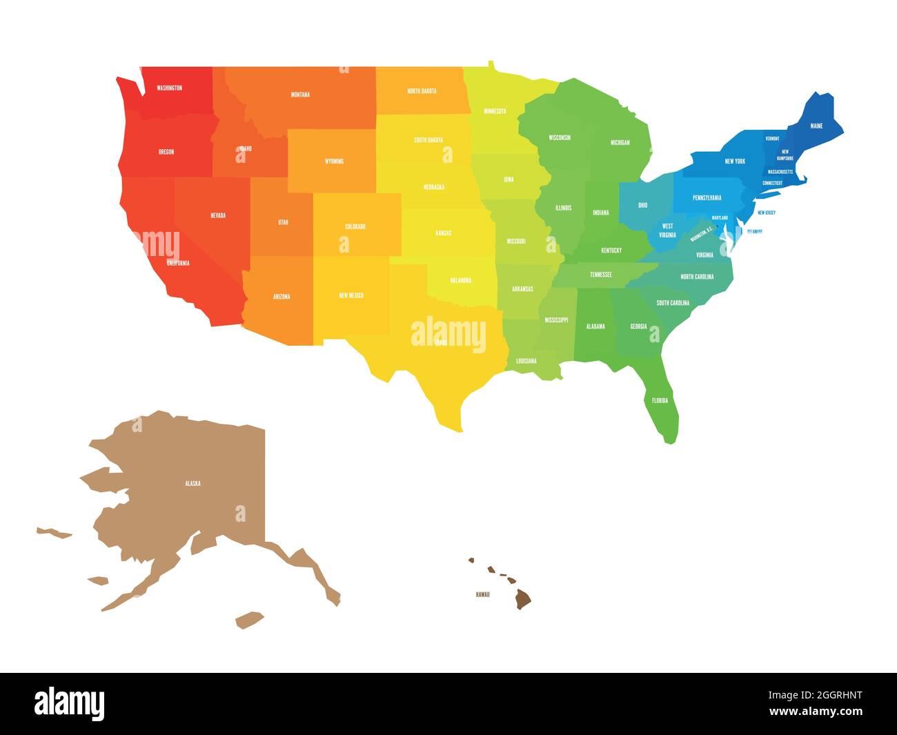 Colorful Map Of USA United States Of America Rainbow Spectrum Colors Colorful Map Of Usa United States Of America Rainbow Spectrum Colors With Shadow Overlapping Effect Map With Federal State Name Labels 2GGRHNT