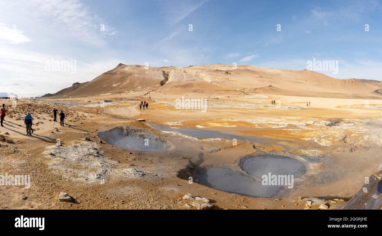 view of landscape at Myvatn geothermal pools, Iceland, showing hot