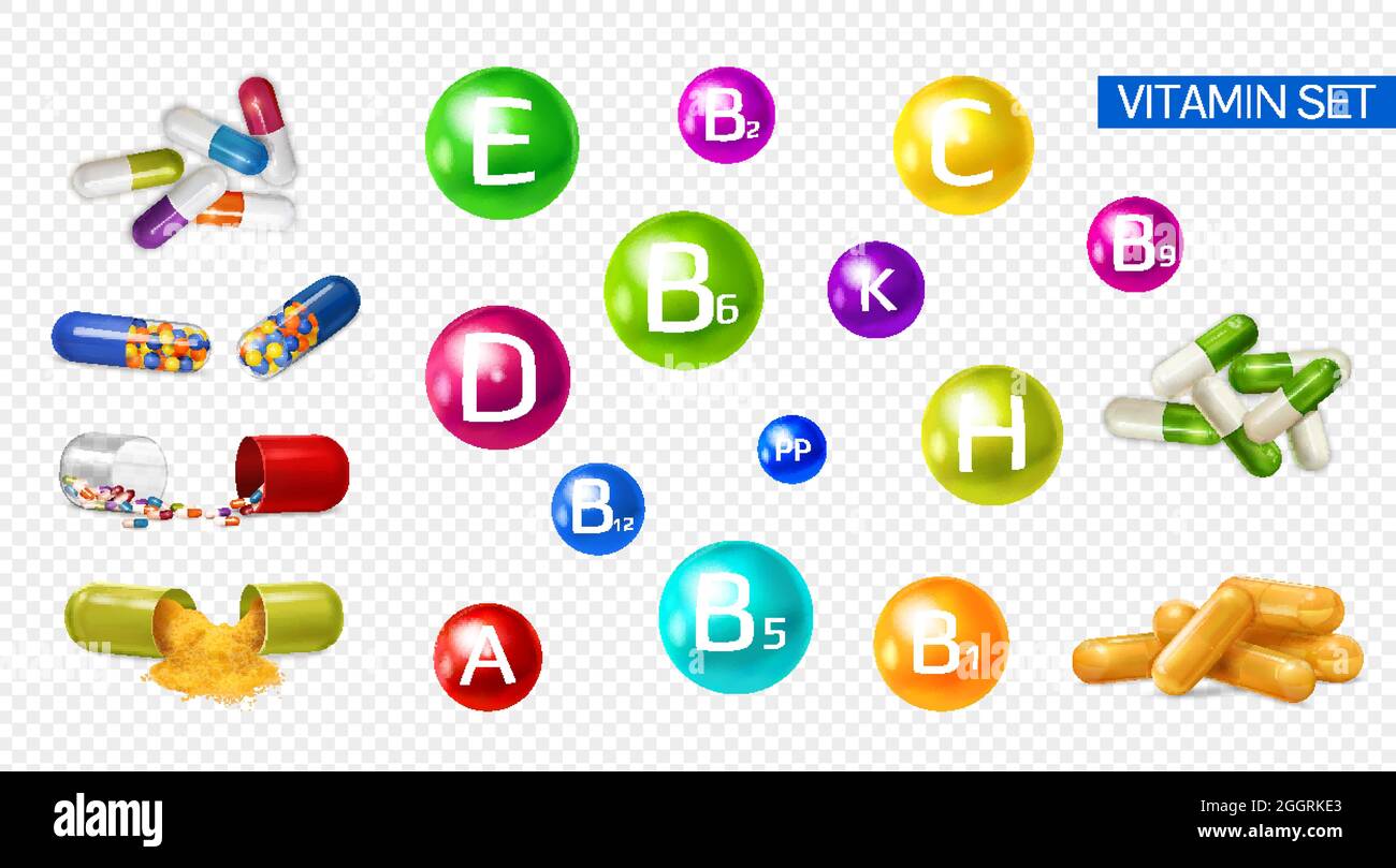 Vitamins minerals boosting energy 3d colorful realistic set with fruits