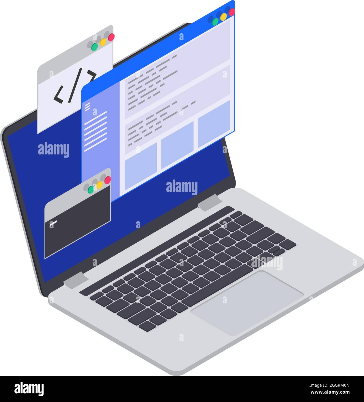 Programming coding development isometric icons composition with image of laptop with code brackets in screen windows vector illustration Stock Vector