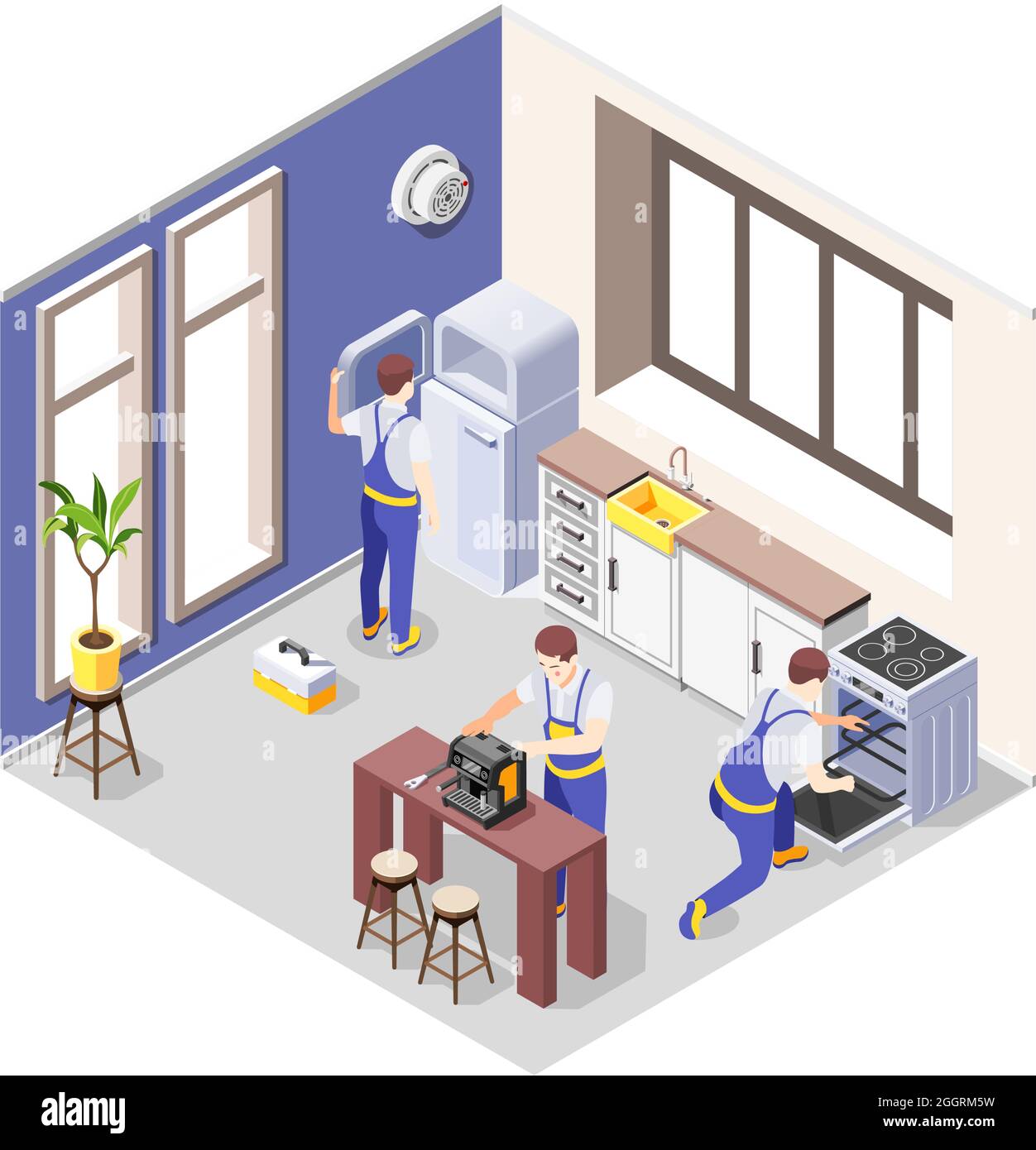 Home appliance repair service icon with three workers fixing fridge cooker coffee machine in kitchen isometric vector illustration Stock Vector