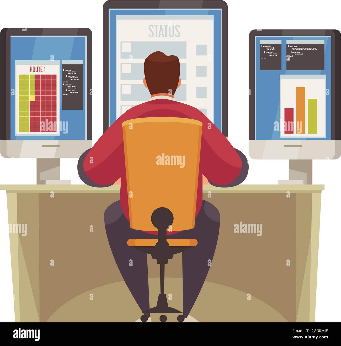 Back view of man sitting in front of three computer screens monitoring charts flat vector illustration Stock Vector