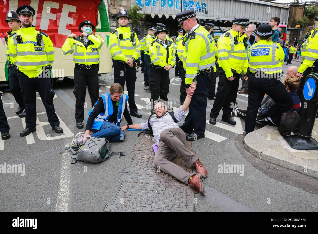 London, UK. 31 August 2021. Extinction Rebellion protest Invest In Life at London Bridge