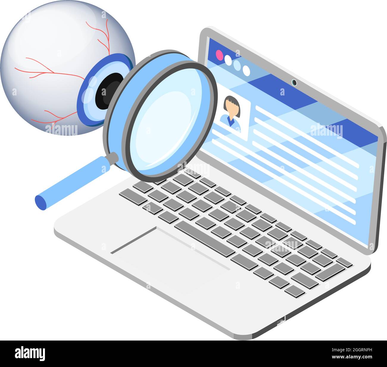 Laptop with personal data being watched isometric concept on white