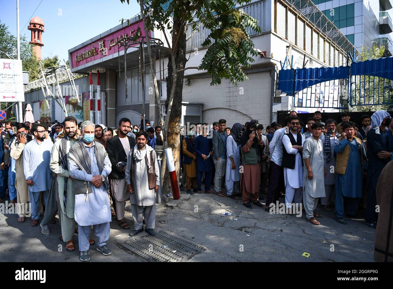 Long queues are forming in front of banks due to the lack of money supply in Kabul, Afghanistan, on September 01, 2021. The banks, which remained closed for about two weeks after the Taliban came to power in Kabul, cannot meet the population’s need for cash. Photo by Selcuk Samiloglu/DVM/ABACAPRESS.COM Stock Photo