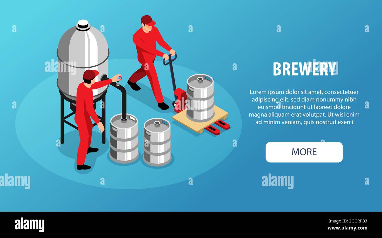 Brewery landing page isometric horizontal web banner with workers