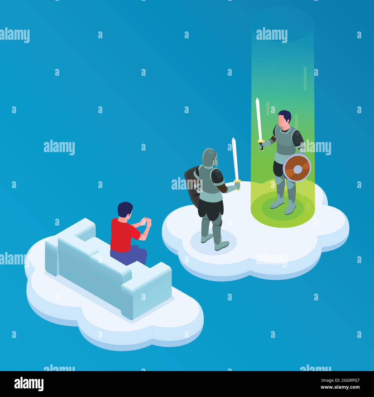 Cloud gaming isometric concept with adventure and battle symbols vector illustration Stock Vector