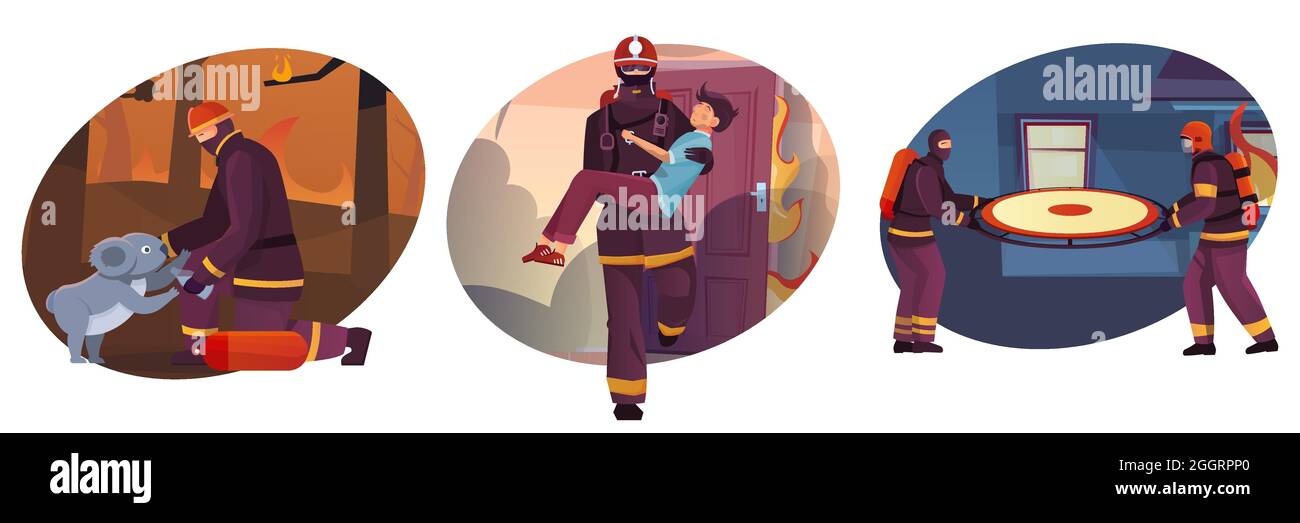 Set of three round compositions with different locations and characters of firefighters saving people and animals vector illustration Stock Vector