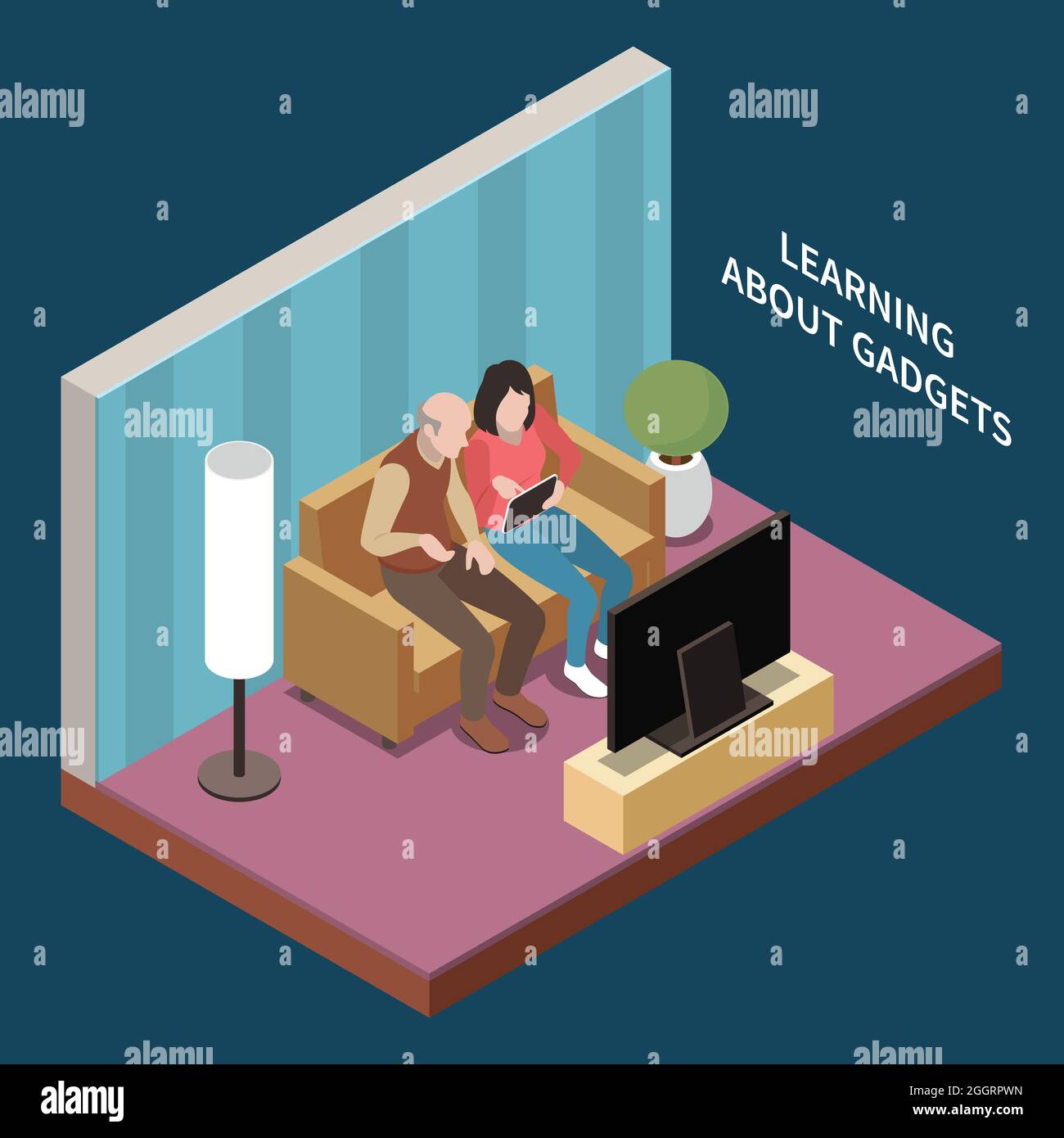 Elderly people professional social help service isometric composition with view of living room with human characters vector illustration Stock Vector