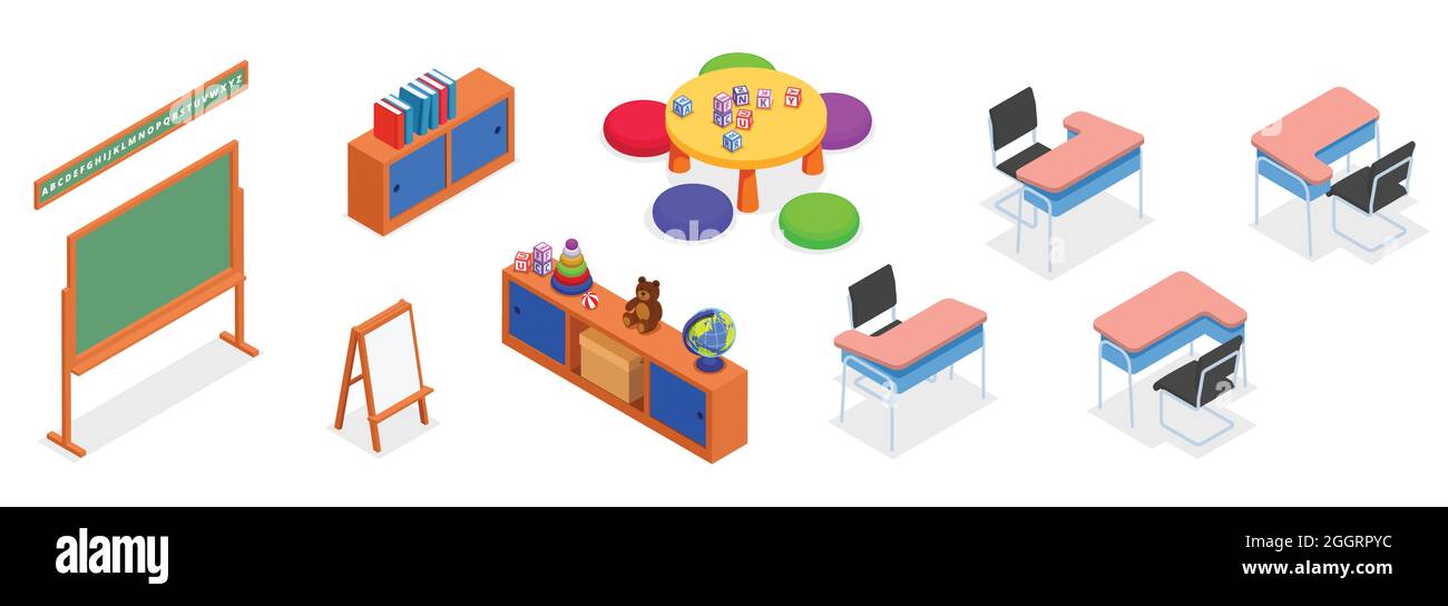 Isometric set of furniture items for school or kindergarten with board