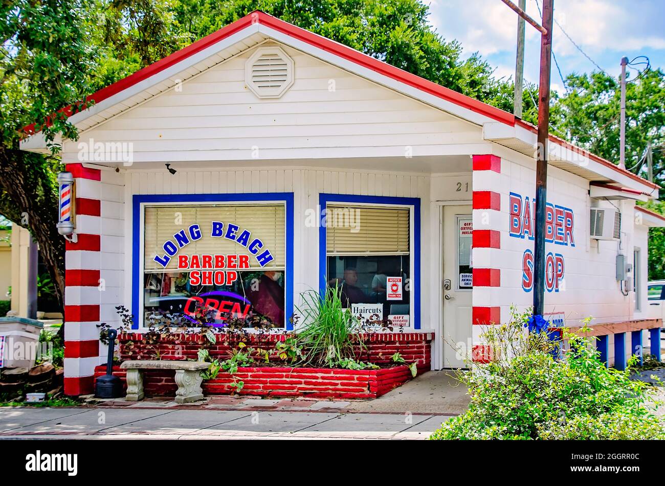 Long Beach Barber Shop is pictured, Aug. 31, 2021, in Long Beach, Mississippi. The barbershop opened in 1959. Stock Photo