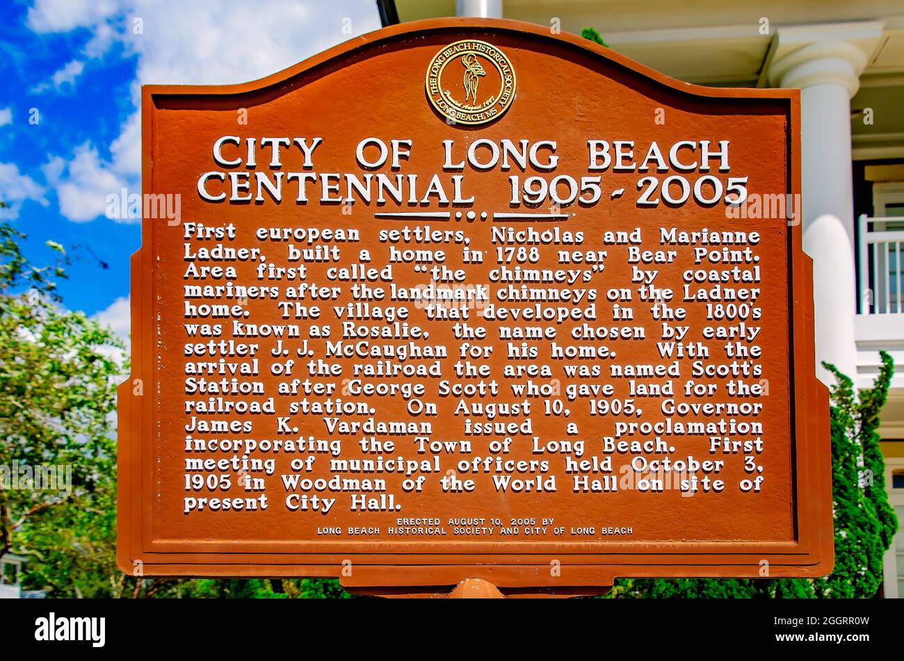 A historic marker tells the history of the small coastal community of Long Beach, Aug. 31, 2021, in Long Beach, Mississippi. Stock Photo