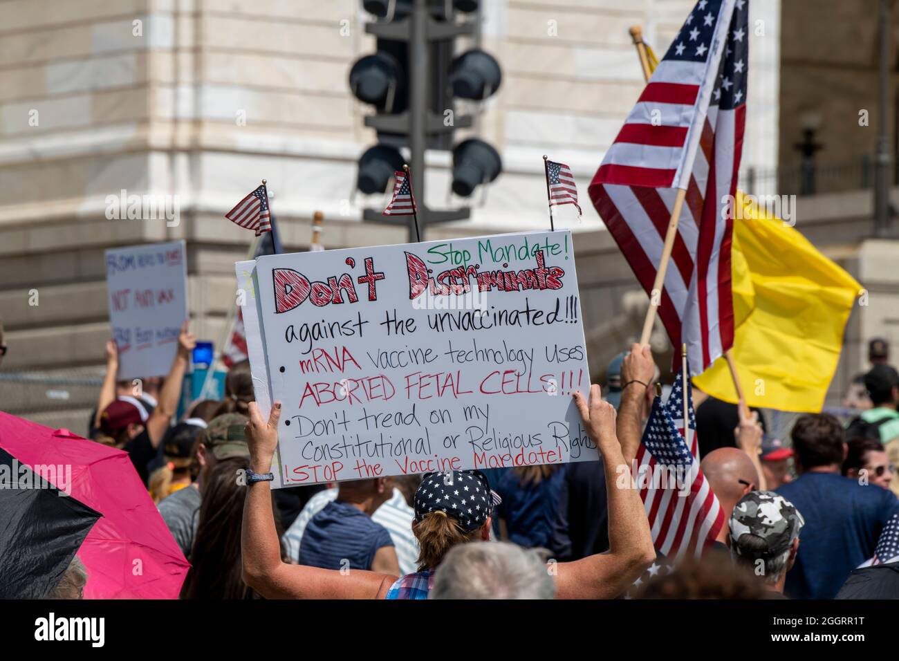 St. Paul, Minnesota. August 28, 2021. Protest for medical freedom and health choice in Minnesota. Stop the mandates.  . Minnesota citizens demand info Stock Photo