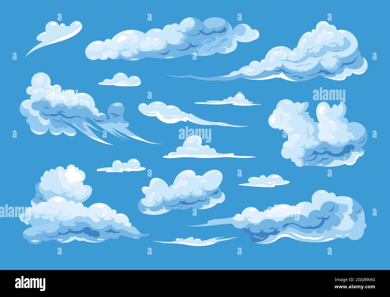 Set of different shapes cirrus and cumulus isolated cartoon clouds on blue  background flat vector illustration Stock Vector Image & Art - Alamy