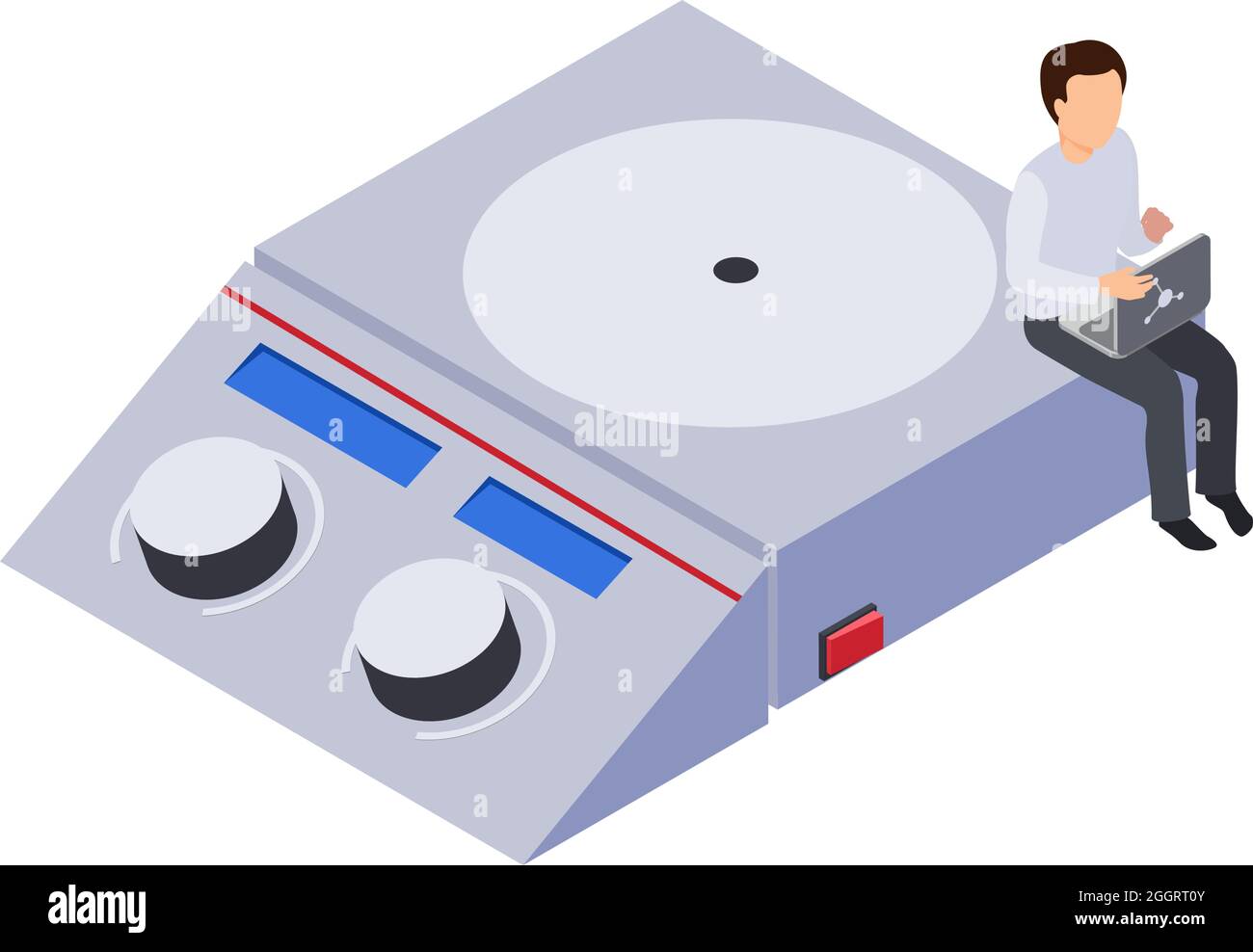 Future technology icon with laboratory equipment and human character at work 3d isometric vector illustration Stock Vector