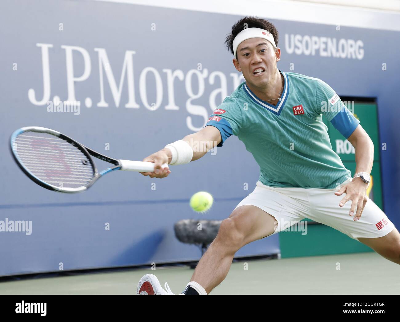 Flushing Meadow, United Stated. 02nd Sep, 2021. Kei Nishikori of Japan hits  a forehand to Mackenzie McDonald on court 17 in the second round of the  2021 US Open Tennis Championships at