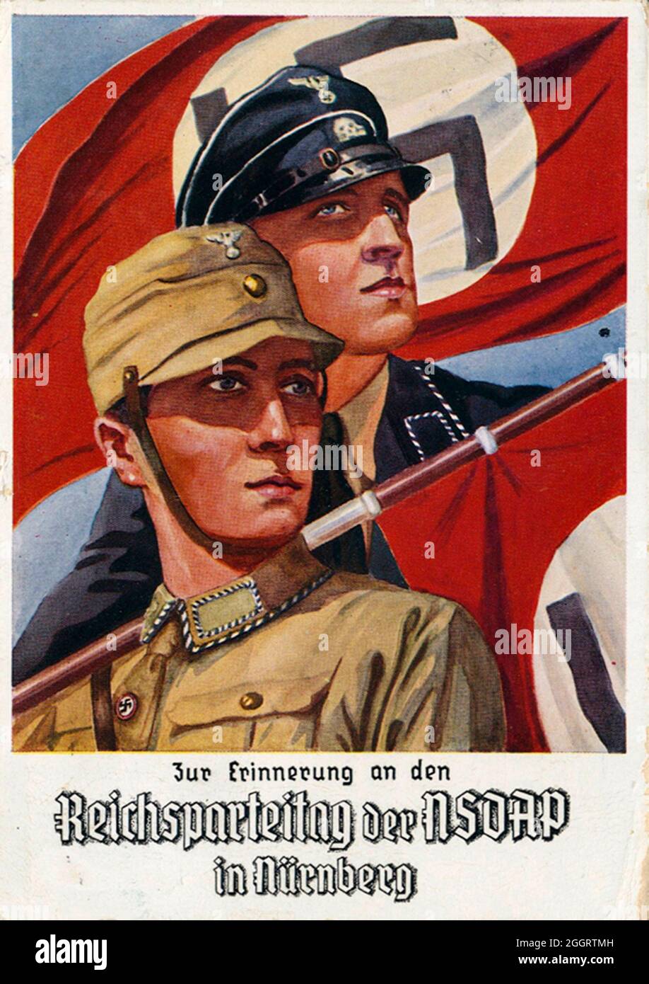 A vintage poster for the annual Nazi Nuremberg Rally showing SA and SS members Stock Photo
