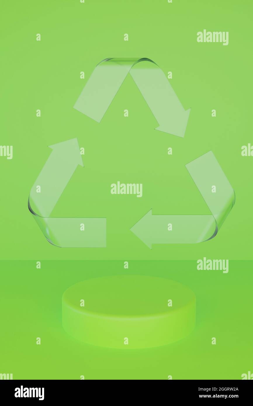 Sign Reduce, Reuse, Recycle on green background with glass balls. 3d