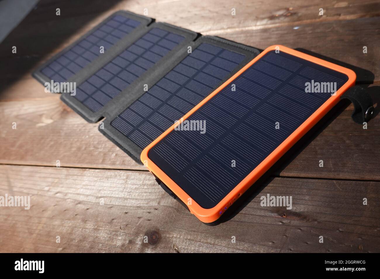 Portable solar panels with battery power bank storage Stock Photo