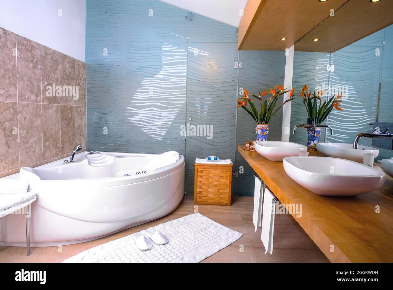 Modern Bathroom at the Alberi del Paradiso in Cefalu, Sicily, Italy Stock Photo