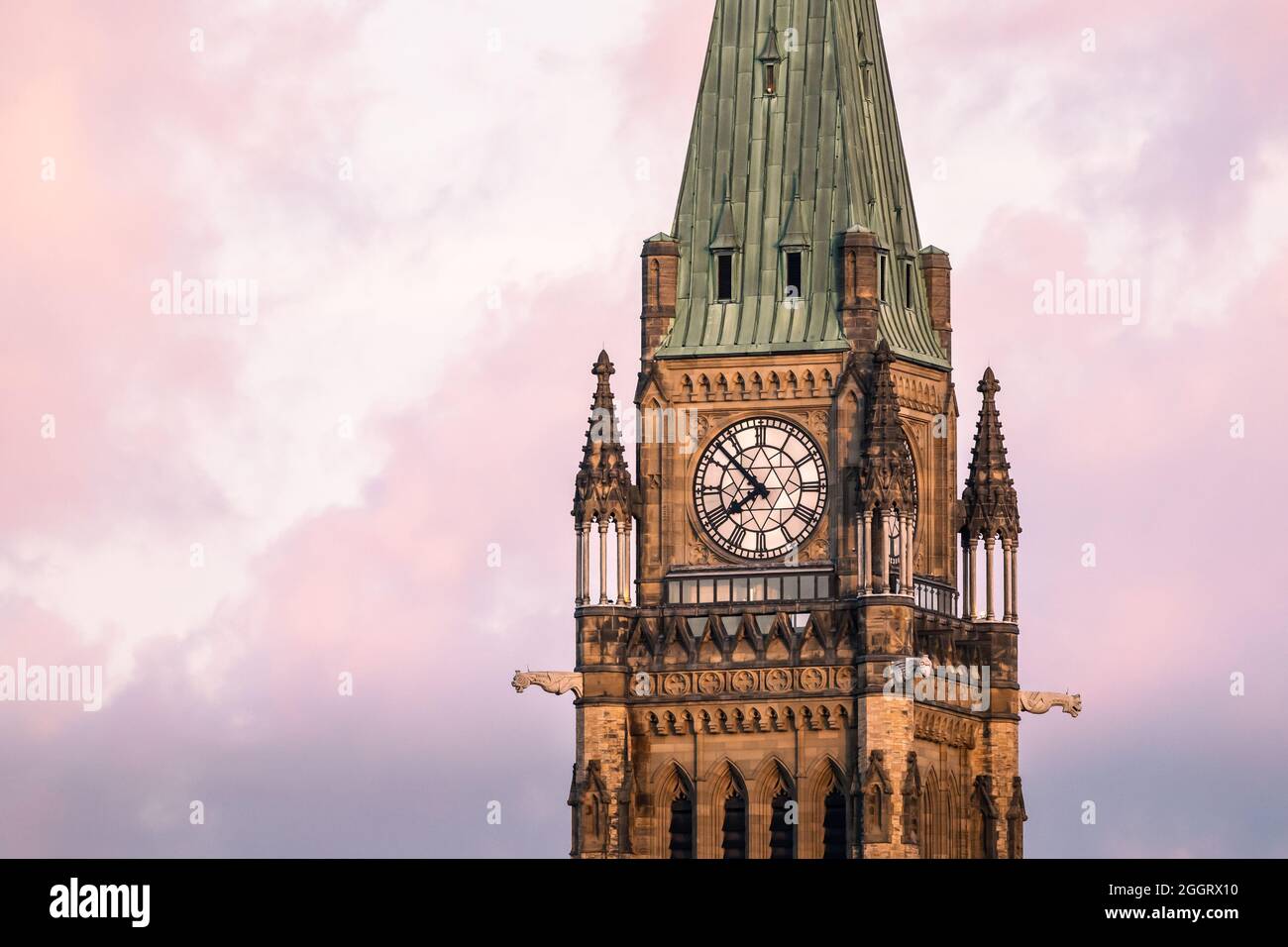 Parliament Hill Peace Tower during golden hour Stock Photo