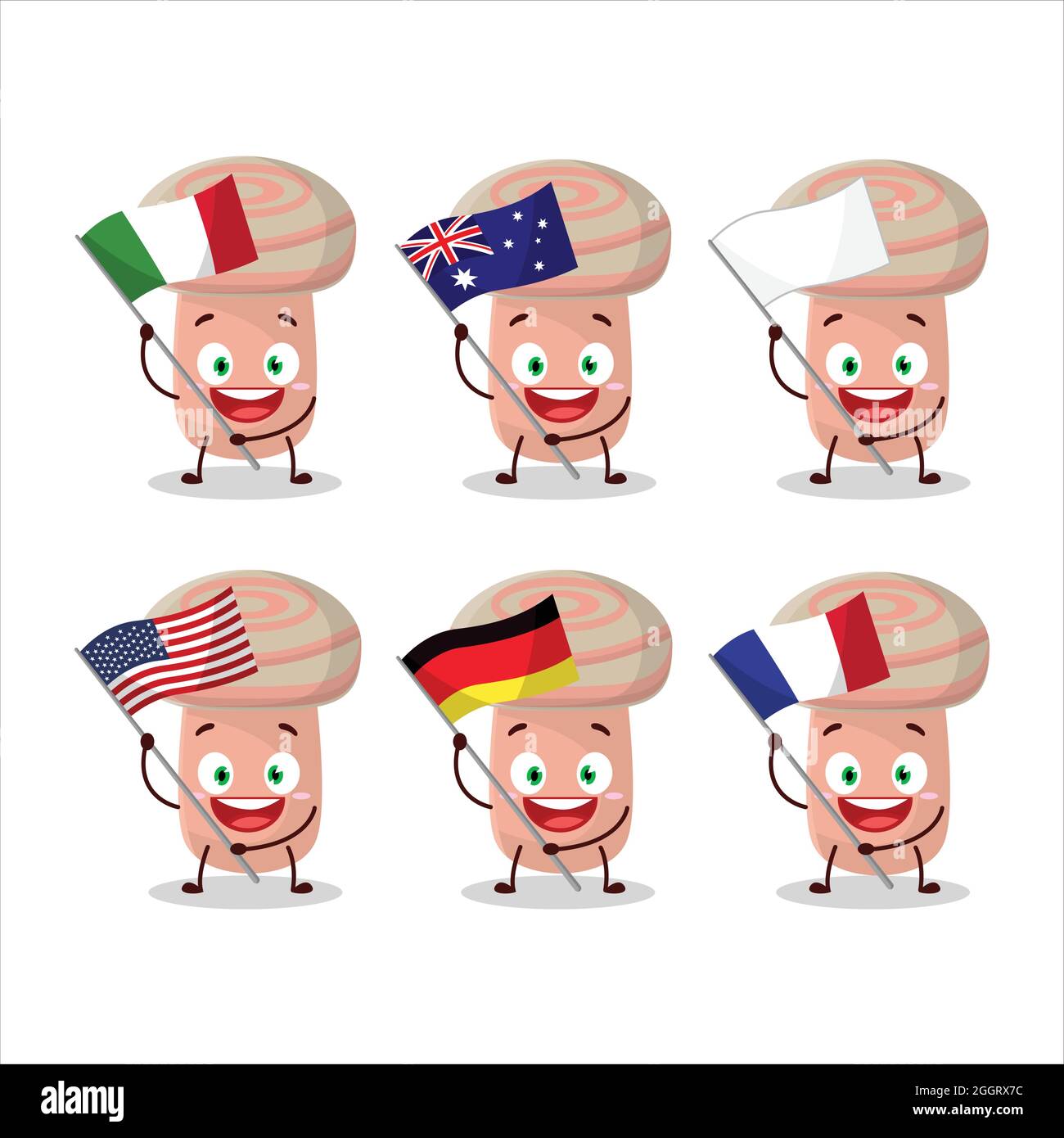 Coral milky cap cartoon character bring the flags of various countries. Vector illustration Stock Vector