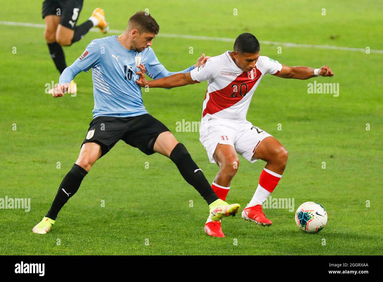 Lima, Peru. 02nd Sep, 2021. Federico Valverde and Edison Flores during a match between Peru and Uruguay played at the Estádio Nacional del Peru, in Lima, Peru. Game valid for the 9th round of the South American Qualifiers for the Qatar World Cup 2022. Credit: Ricardo Moreira/FotoArena/Alamy Live News Stock Photo