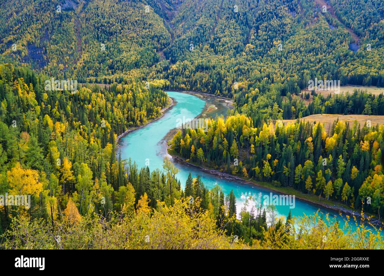 Moon Bay of Kanas Lake. The curved river with crystal blue water. Green ...