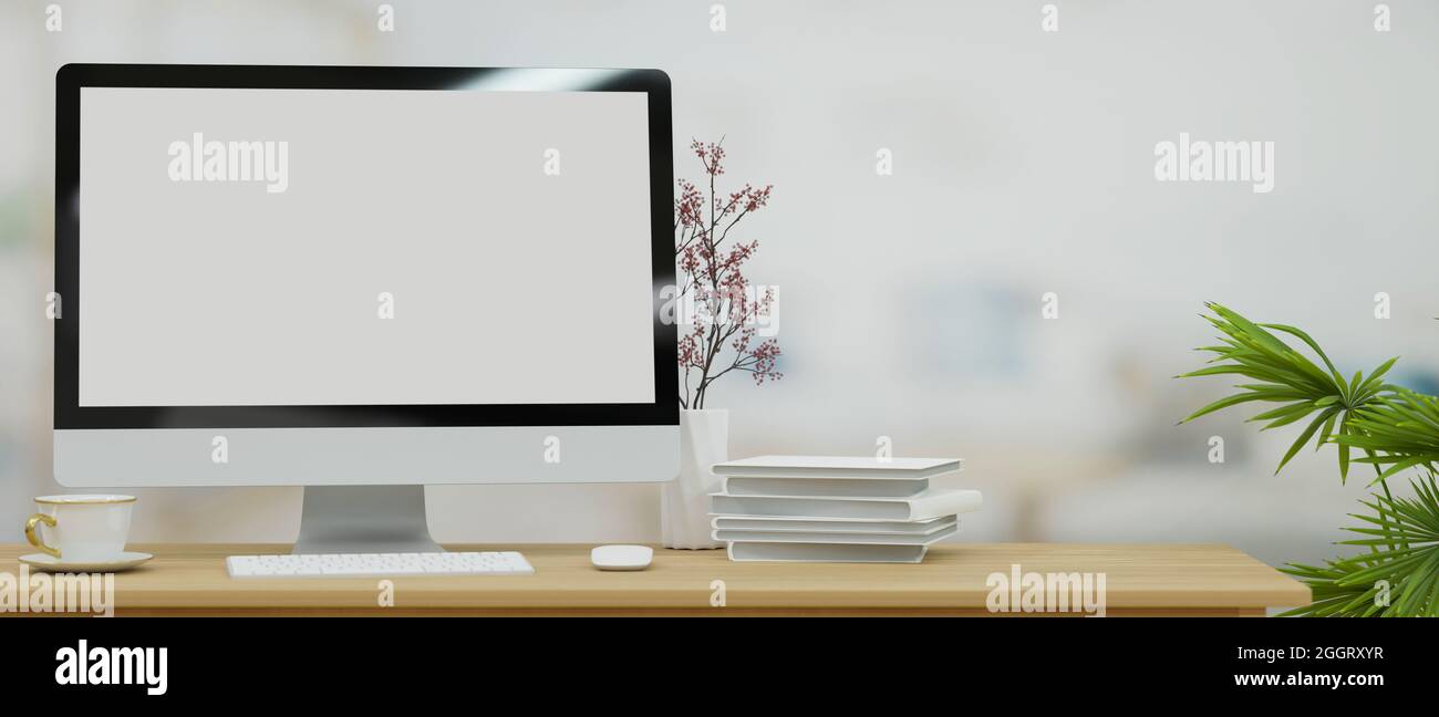 Workspace with desktop computer in blank screen mockup for your brands ...
