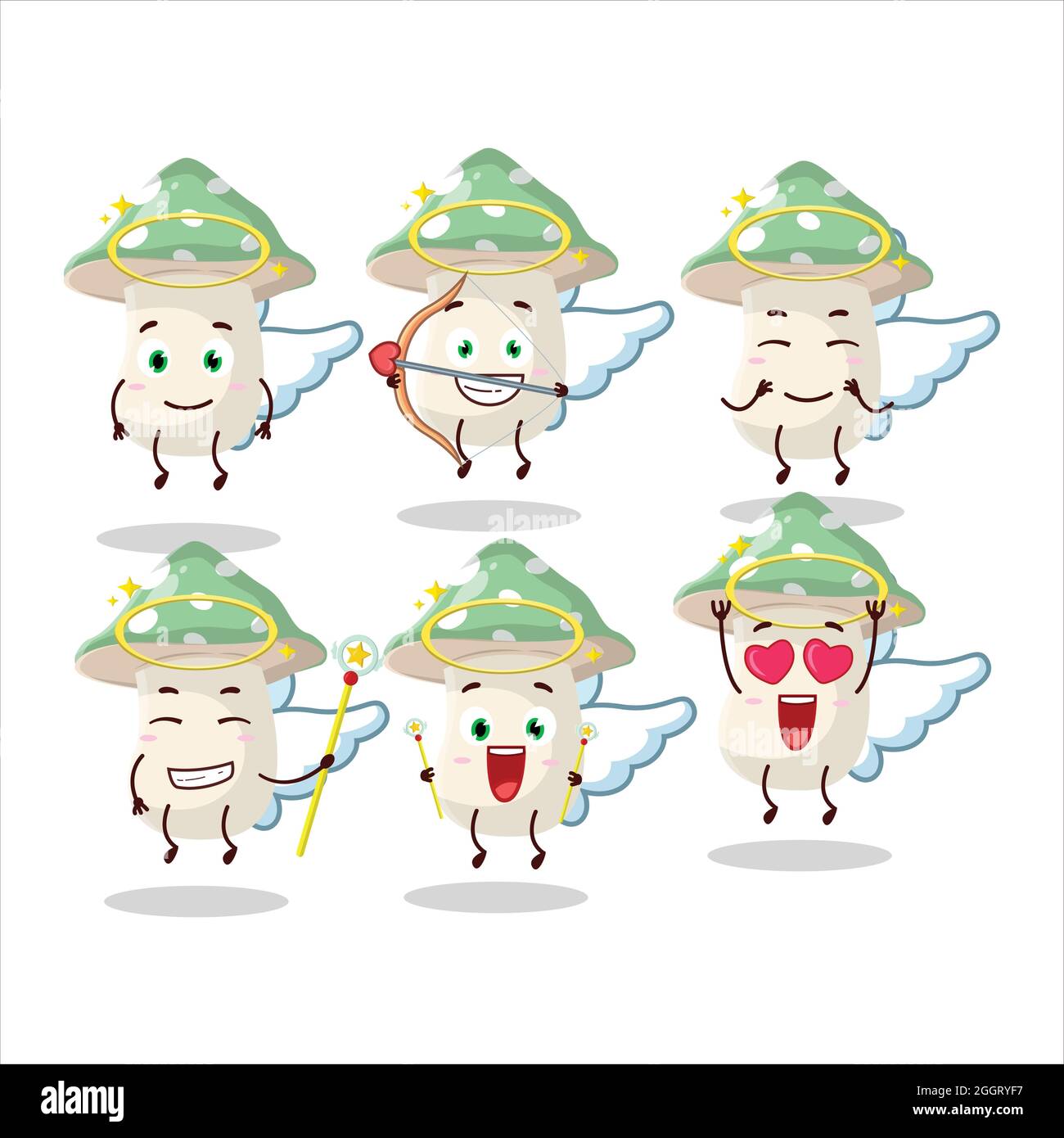 Green amanita cartoon designs as a cute angel character. Vector illustration Stock Vector