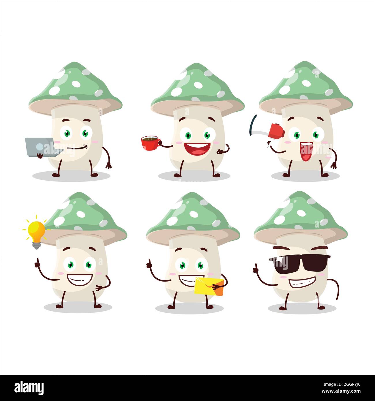 Green amanita cartoon character with various types of business emoticons. Vector illustration Stock Vector