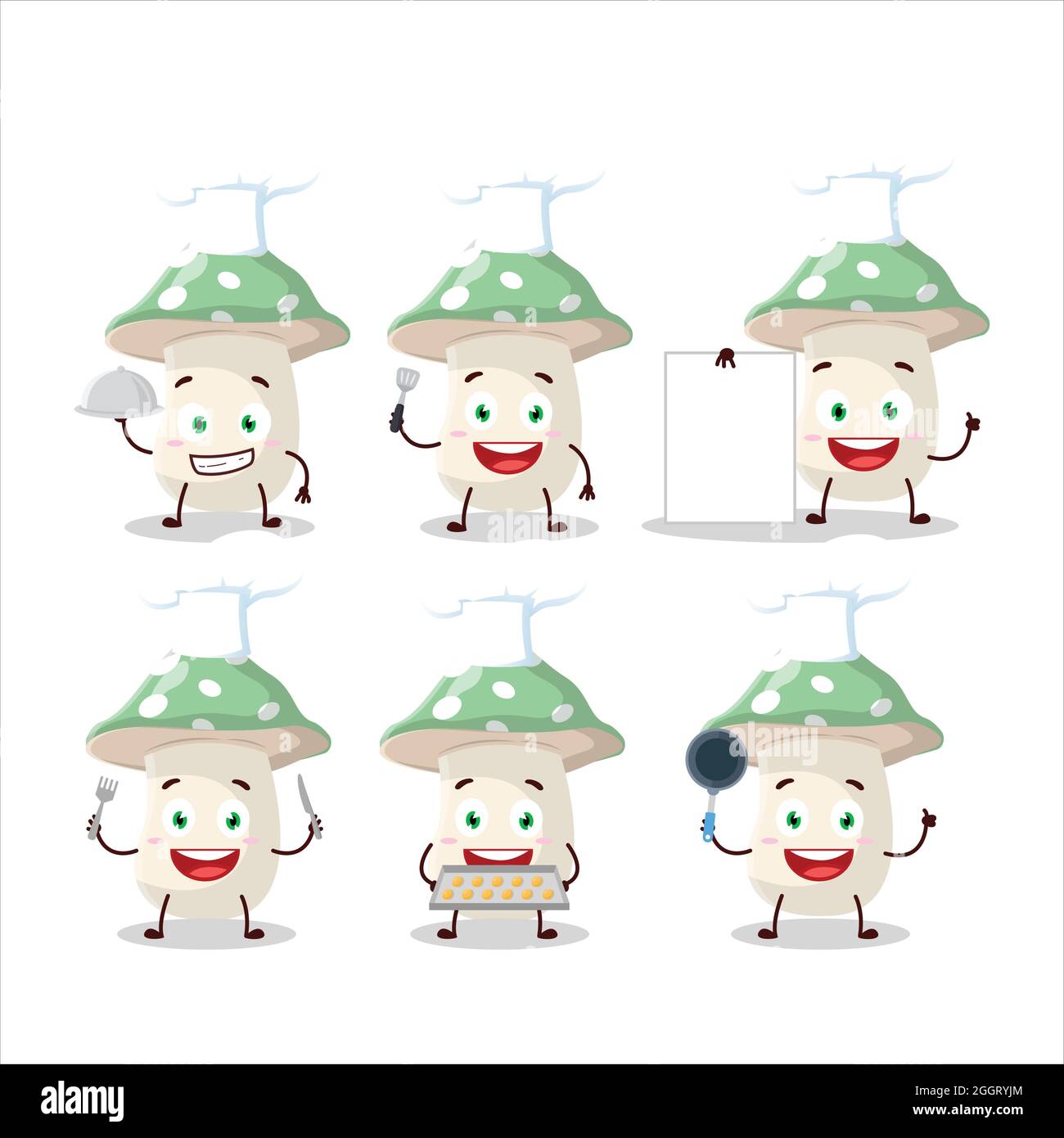 Cartoon character of green amanita with various chef emoticons. Vector illustration Stock Vector