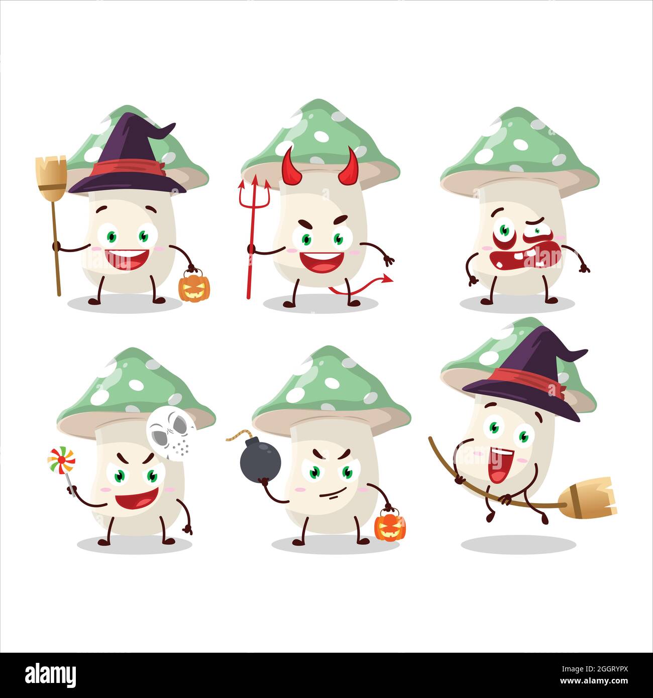 Halloween expression emoticons with cartoon character of green amanita. Vector illustration Stock Vector