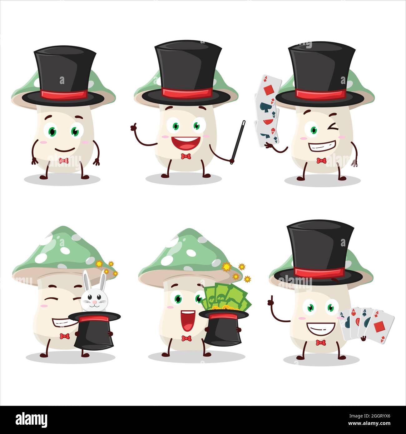 A green amanita Magician cartoon character perform on a stage. Vector illustration Stock Vector