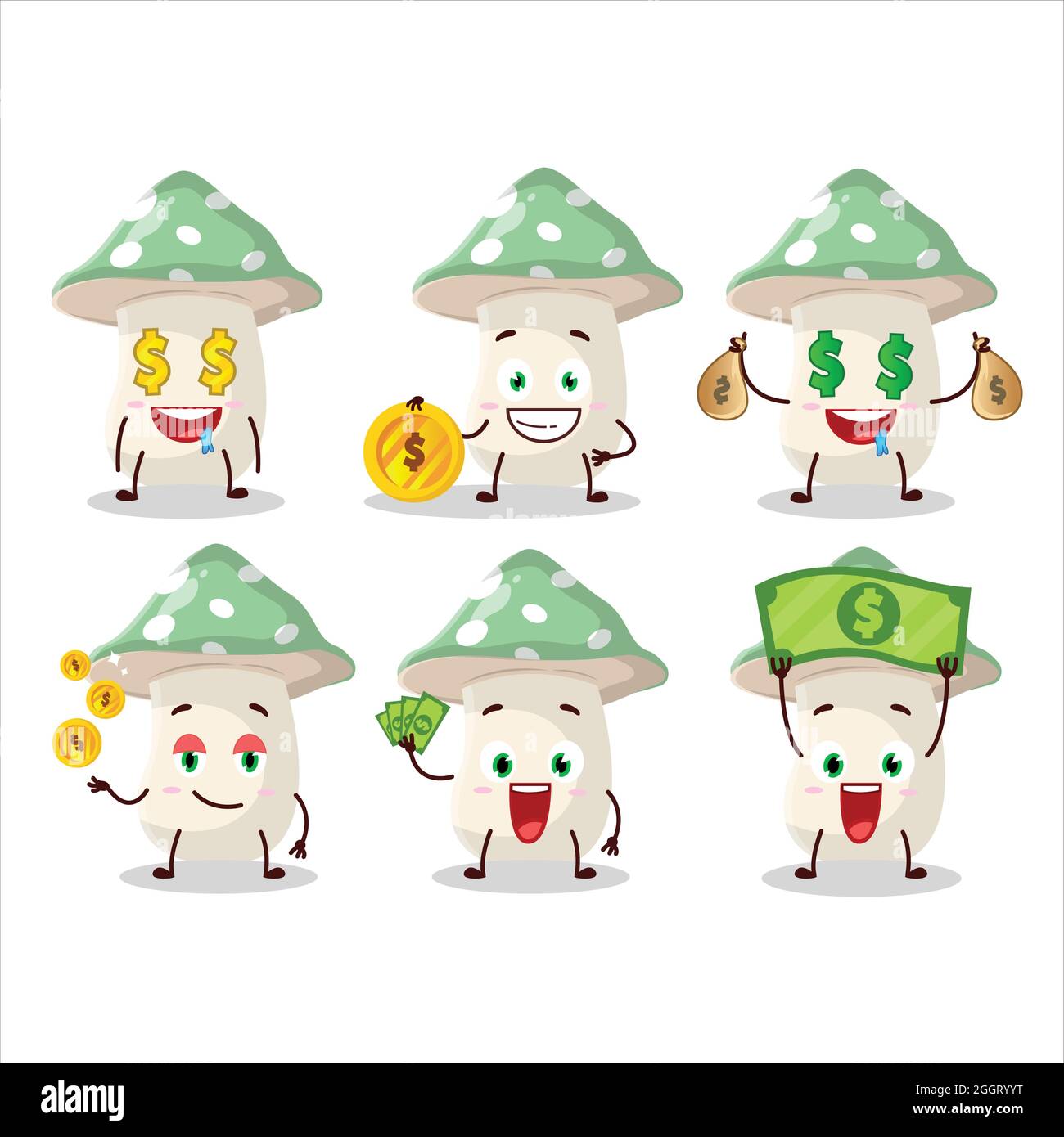 Green amanita cartoon character with cute emoticon bring money. Vector illustration Stock Vector