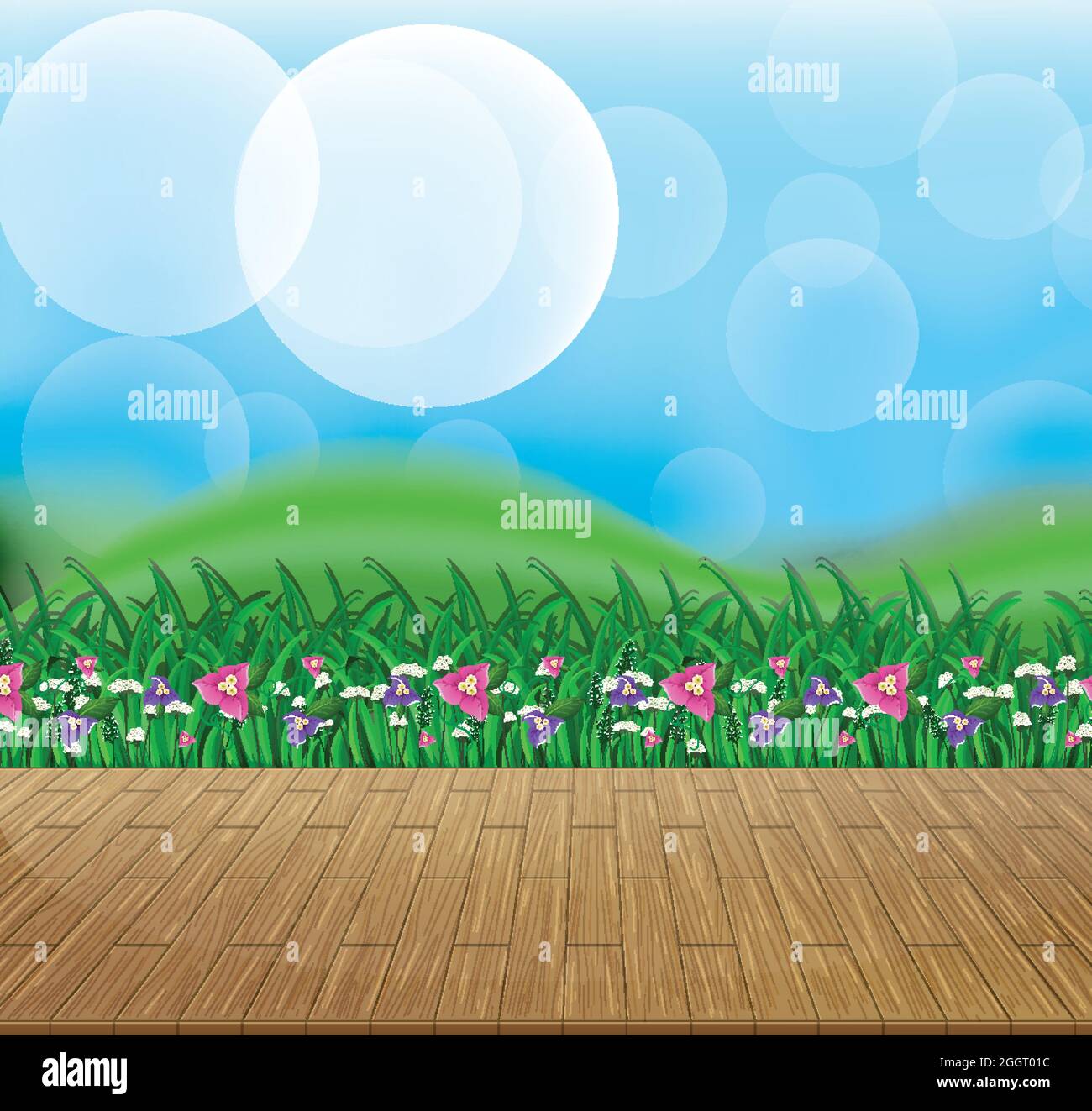 Nature background with flower field and green grass illustration Stock ...