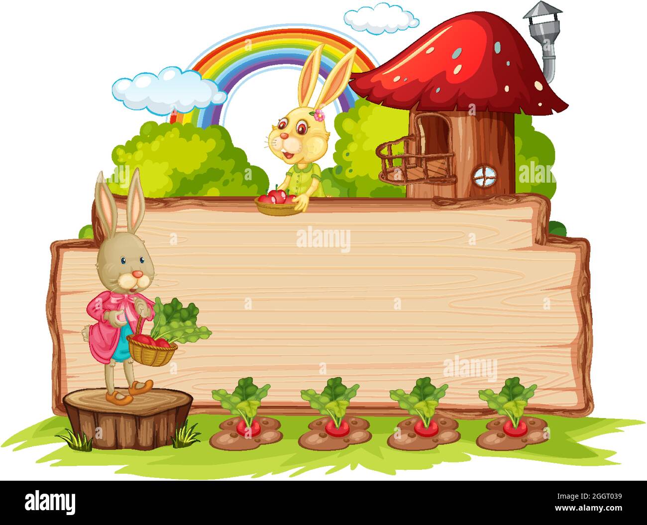 Empty wooden board with two rabbits in the garden isolated illustration ...
