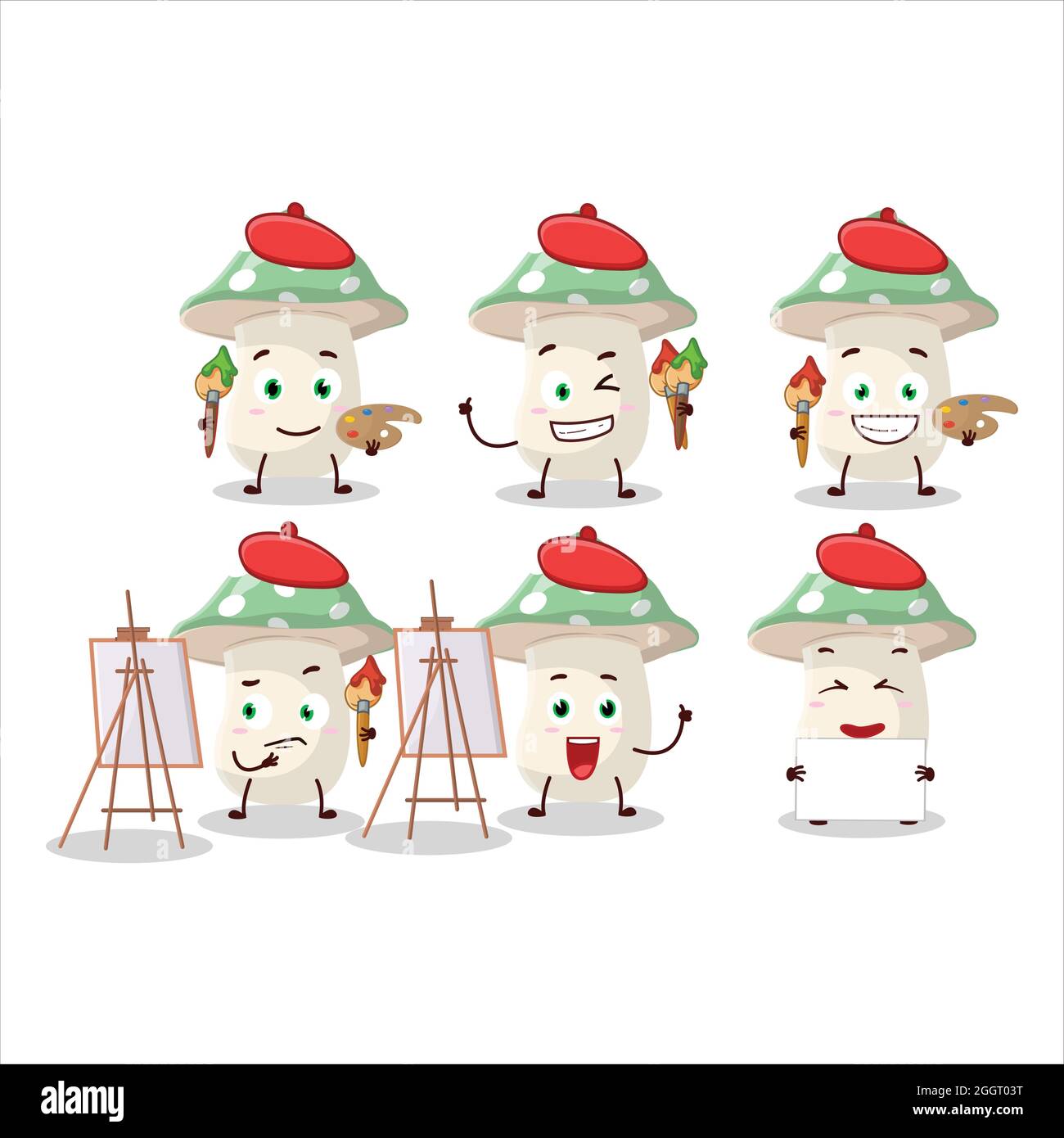 Artistic Artist of green amanita cartoon character painting with a brush. Vector illustration Stock Vector