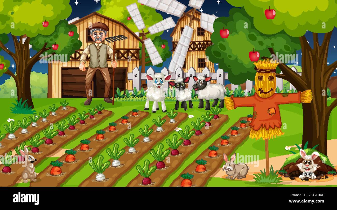 Farm scene at night with old farmer man and cute animals illustration ...