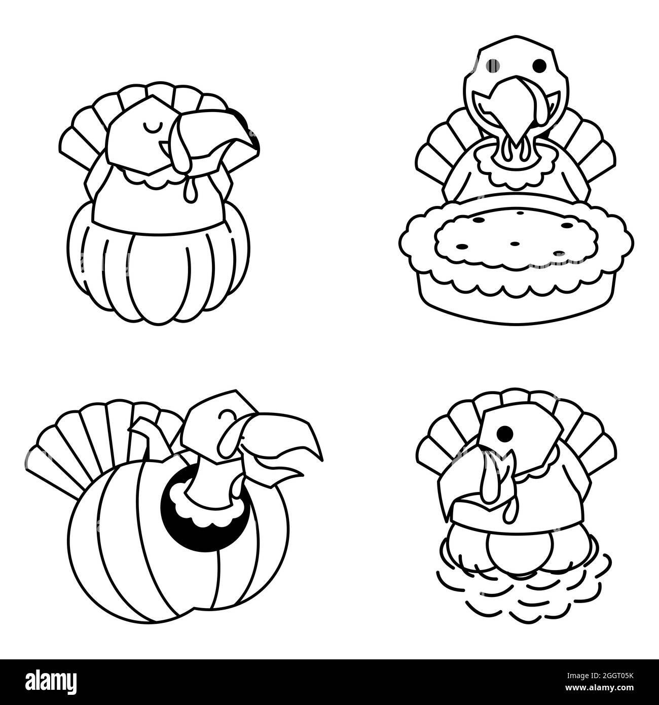 Turkey Autumn Fall Pumpkin Pie Egg Thanksgiving Cartoon Line Art Stock Vector