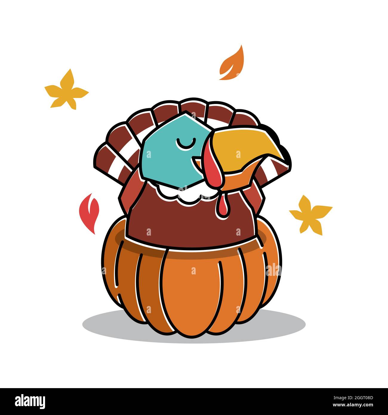 Turkey Bird Farm Sit on Pumpkin Thanksgiving Autumn Fall Character Cartoon Stock Vector