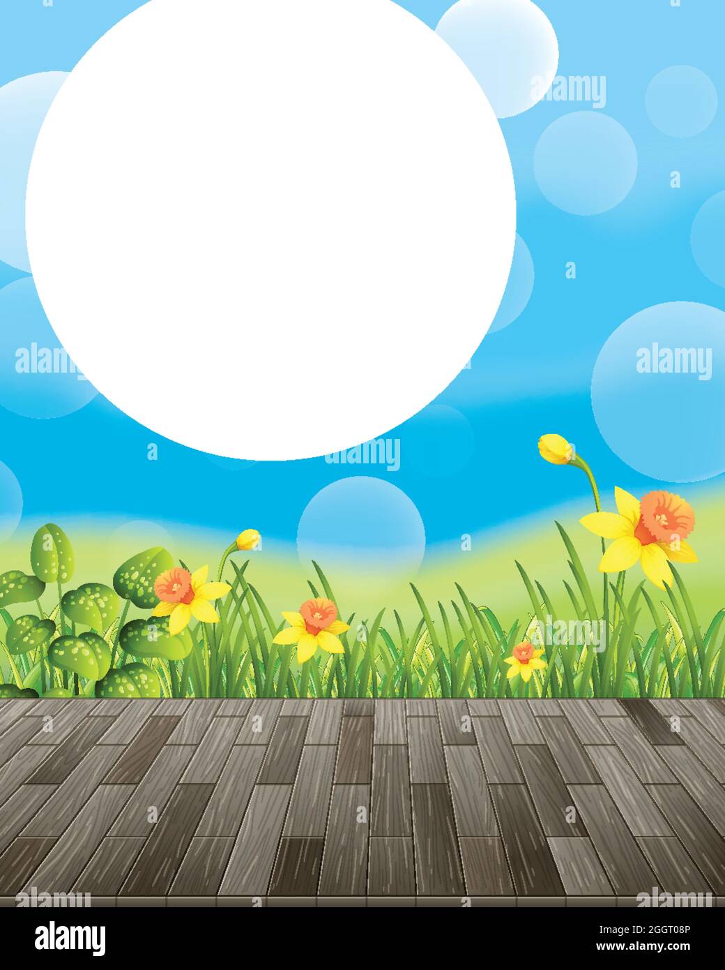 Nature background with flower field and green grass illustration Stock ...