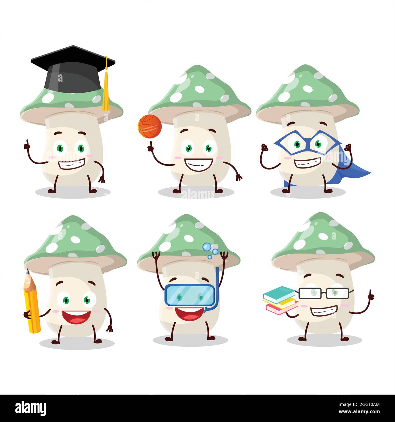 School student of green amanita cartoon character with various expressions. Vector illustration Stock Vector