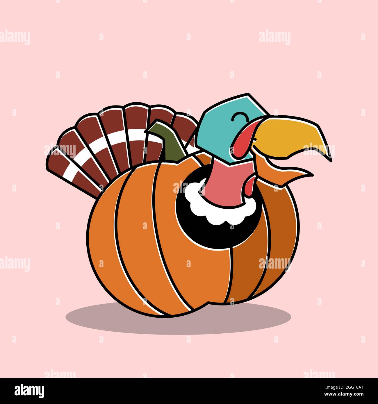 Happy Turkey Bird Rooster Inside Pumpkin Thanksgiving Character Cartoon Stock Vector