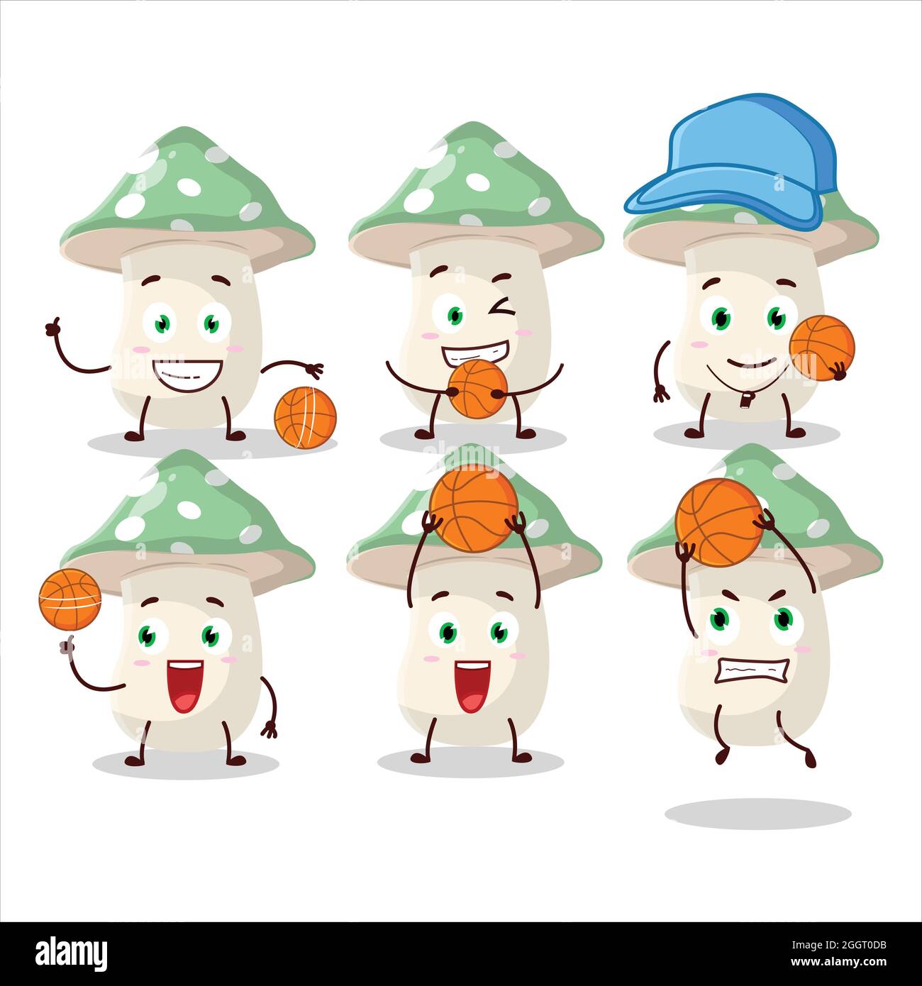 Talented green amanita cartoon character as a basketball athlete. Vector illustration Stock Vector