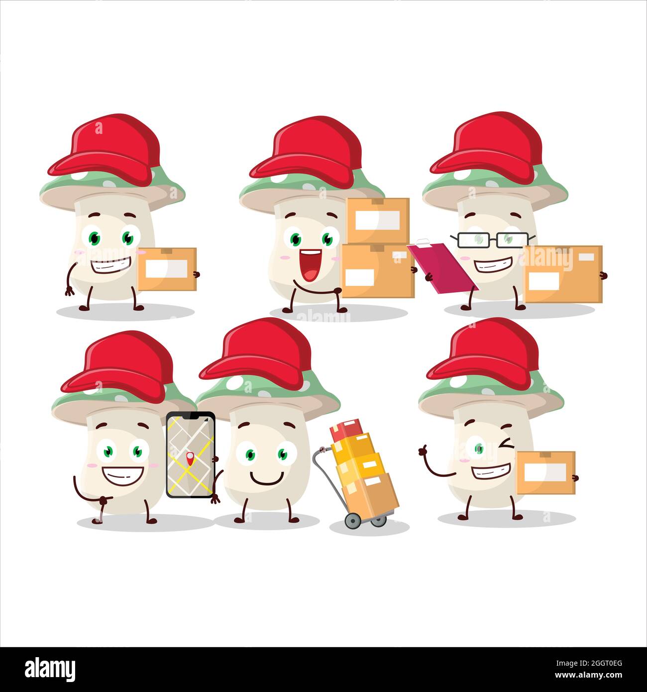 Cartoon character design of green amanita working as a courier. Vector illustration Stock Vector